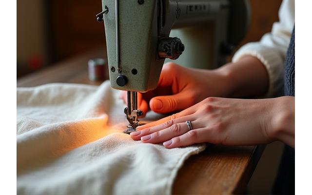 Mains de couturier travaillant sur une machine à coudre vintage avec tissu éthique