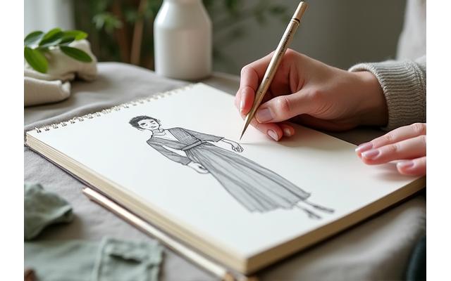 Main dessinant des croquis de mode avec des échantillons de tissus