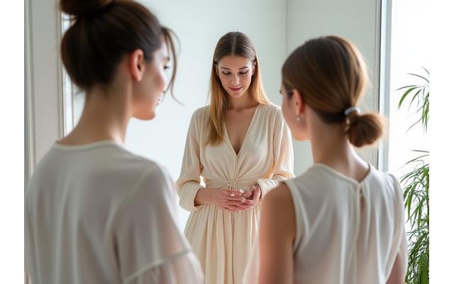 Client essayant un prototype de vêtement dans un atelier, designer ajustant