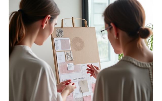 Designer discutant avec un client, tableau d'inspiration en arrière-plan