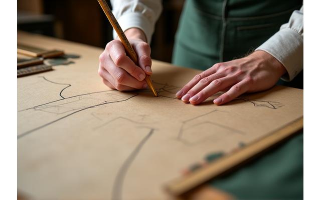 Mains d'artisan traçant un patron sur du papier kraft
