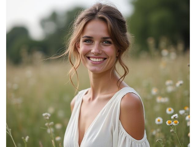 Portrait de Camille D. portant sa robe de mariée Veridian Bloom