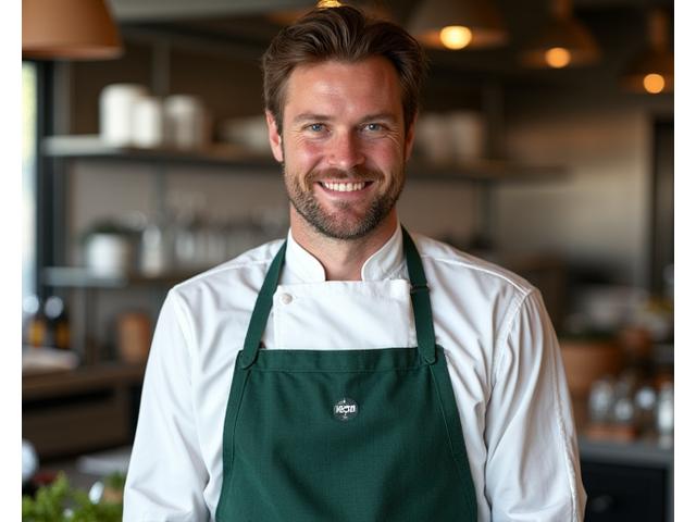 Marc Dupont, chef, portant un tablier en lin Veridian Bloom dans sa cuisine
